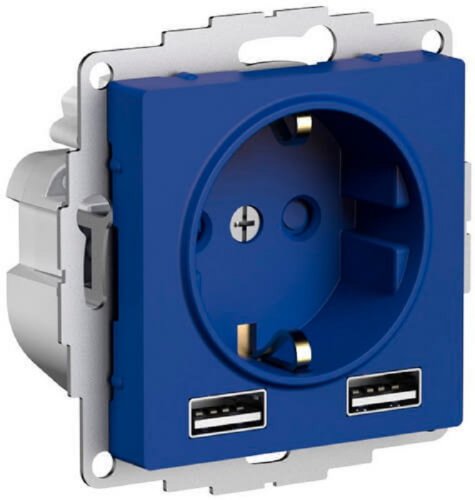 Розетка с заземлением +2xUSB тип A+A без рамки Systeme Electric AtlasDesign 1-м. аквамарин картинка